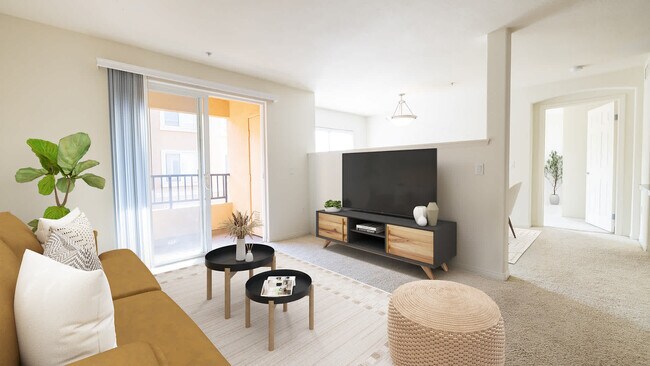 Sala de estar alfombrada con balcón - Westside