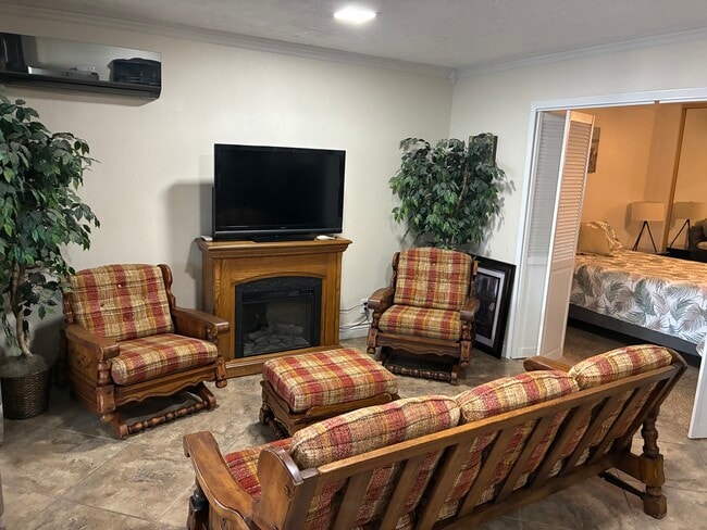 Sala de estar con calefactor eléctrico Amish y televisor Vizio. - 29984 Big Range Rd