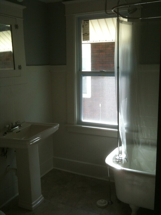 The bathroom has a clawfoot tub with shower. - 1407 West Ottawa Street