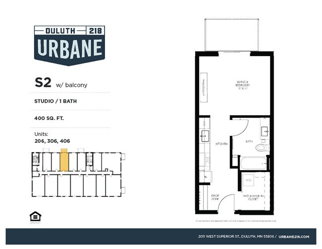 Plano de planta Urbane218 S2 con balcón - Urbane218