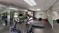 This single-level fitness center is thoughtfully designed to support a comprehensive workout experience. The space features durable rubber flooring throughout, providing both safety and comfort underfoot. Large floor-to-ceiling mirrored panels line a significant portion of the walls, enhancing the sense of openness and allowing users to monitor their form during exercise.

The cardio section is well-appointed with multiple treadmills, elliptical trainers, and a stationary recumbent bike, including SportsArt-branded equipment. A dedicated free weight area features a full rack of dumbbells alongside adjustable benches, catering to strength training needs. Stability and exercise balls are also available for functional fitness.

Natural light flows generously into the space through large windows and glass doors that open directly onto an outdoor pool area, creating a bright and inviting atmosphere. The green accent walls add a fresh, energetic tone to the interior, while the drop-tile ceiling with recessed fluorescent lighting ensures consistent illumination throughout the day. The direct pool access provides a seamless transition between indoor and outdoor fitness amenities, making this a versatile and well-rounded facility.