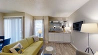 This single-floor space offers a thoughtfully designed open-concept layout that blends comfort and functionality. The living area is anchored by warm hardwood-style flooring that extends throughout, creating a cohesive and inviting atmosphere. Neutral taupe-toned walls provide a versatile backdrop, complemented by crisp white baseboards and trim that add a clean, polished finish.

Natural light filters in through a curtained window dressed with patterned drapes, brightening the living space and enhancing its airy feel. A textured ceiling adds subtle depth and character to the room.

A defining feature of the space is the open pass-through connecting the living area to the kitchen zone. White cabinetry with a light countertop provides generous storage and display space, topped with mirrored shelving that reflects light and creates an expanded sense of space. This design detail makes the area feel open and connected without sacrificing definition between the two zones.

The layout accommodates comfortable seating and a central coffee table, making it well-suited for both relaxing and entertaining. A wall-mounted television adds a modern touch to the living area. Overall, the space strikes a balance between practical design and warm, welcoming ambiance.