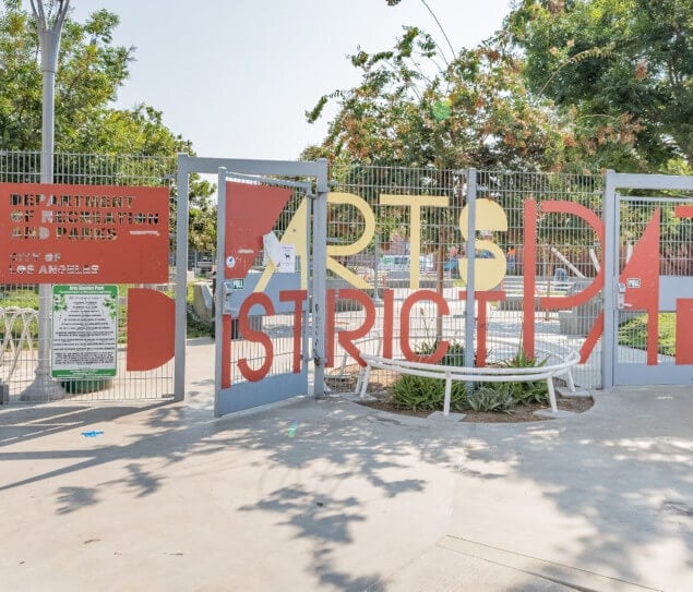 Front gate view of Arts District’s Dog Park