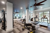 Located at 1505 Oliver St in Houston, TX, this well-appointed fitness center offers a comprehensive workout environment spread across a single, open floor. The space is designed with a contemporary aesthetic, featuring a dark, refined ceiling accented by recessed lighting and large ceiling fans that promote airflow and comfort throughout. Patterned, herringbone-style carpet tiles in neutral tones of gray and taupe cover the floor, adding a modern visual texture while providing a functional surface for exercise. Large windows along the perimeter flood the space with natural light and offer views of the surrounding greenery, creating an energizing atmosphere. Full-length mirrors are strategically placed along the walls to enhance the sense of openness and allow users to monitor their form. The fitness center is equipped with a diverse range of machines and equipment, including treadmills, ellipticals, a stair climber, cable and pulley strength machines, a leg press, a functional training tire sled, and a dedicated free weights area with a full dumbbell rack and flat bench. Structural columns are integrated throughout the layout, complementing the architectural character of the space. The overall ambiance is sleek, modern, and purposefully designed to support a full range of fitness activities.