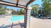 Located at 3625 Earnscliffe Place in San Diego, this outdoor pool facility serves as a well-appointed communal amenity set against a backdrop of mature eucalyptus and shade trees beneath clear California skies. The centerpiece is a generously sized swimming pool with vivid turquoise water, framed by a wide concrete pool deck lined with lounge chairs on all sides — ideal for sunbathing and relaxation. A sturdy wooden pergola structure runs along one edge of the deck, casting patterned shade over the surrounding walkways and providing a comfortable retreat from the sun. Beneath the pergola, manicured landscaping beds feature ornamental grasses and lush shrubs, adding a natural, park-like quality to the space. A covered, open-air amenity corridor connects to utility and facility rooms, finished with earthy tile flooring and soaring ceilings that enhance the sense of openness. This corridor provides access to additional support spaces while maintaining a seamless connection to the outdoor environment. The pool area is enclosed by a secure perimeter fence with a gated entry, ensuring privacy and safety. The surrounding grounds are well-maintained, with seating areas tucked near the landscaping for a more intimate outdoor experience. The overall ambiance is bright, airy, and inviting, perfectly suited to the San Diego climate.