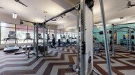 Located at 712 S Howard Ave in Tampa, FL, this well-equipped fitness center offers a comprehensive workout environment on a single floor. The space is thoughtfully designed with a bold chevron-patterned carpet that adds a dynamic visual element throughout the facility. Large floor-to-ceiling windows line one side of the room, flooding the interior with natural light and providing an open, airy atmosphere, while ceiling fans help maintain a comfortable environment during workouts.

The cardio zone features a row of Life Fitness treadmills, ellipticals, and stationary bikes, each equipped with individual monitors for entertainment during exercise. The strength training area is outfitted with Life Fitness cable machines, a multi-station functional trainer, weight benches, and a full rack of dumbbells ranging across various weights. Floor-to-ceiling mirrors span the walls of the strength area, enhancing the sense of space and allowing users to monitor their form. Kettlebells and additional free weights are also available for varied training options.

Accent walls painted in a soft teal tone add a refreshing pop of color, contributing to an energizing ambiance. The facility also includes wall-mounted televisions, dual ADA-compliant drinking fountains, and ample open floor space for stretching or functional movement. Overall, this fitness center provides a clean, modern, and fully equipped environment for a complete workout experience.