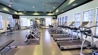 This fitness center offers a spacious, single-floor layout thoughtfully designed to accommodate a full range of exercise activities. The open floor plan provides ample room for movement between equipment stations, creating a comfortable and functional workout environment.

The cardio section is prominently featured, housing a row of T80 treadmills alongside elliptical machines and stationary bikes, all arranged to maximize floor space and ease of access. A dedicated strength training area complements the cardio zone, equipped with a multi-station cable and weight machine system as well as additional free-standing equipment to support a variety of resistance exercises.

The interior design features a tray ceiling with recessed lighting and ceiling-mounted fans, contributing to both the aesthetic appeal and ventilation of the space. Accent walls in a deep teal hue add a bold visual contrast to the light-colored flooring, which features distinct rubber mat zones for safety and equipment protection. Large windows along the perimeter flood the space with natural light, while wall-mounted mirrors expand the sense of space and allow users to monitor their form. A wall-mounted television is also present for entertainment during workouts. Overall, this fitness center delivers a clean, modern, and well-organized environment suited for a wide range of fitness needs.