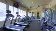 This fitness center is thoughtfully designed to provide a motivating and functional workout environment. The space is outfitted with a row of Vision Fitness treadmills and elliptical machines positioned along large windows adorned with horizontal blinds, allowing abundant natural light to fill the room while offering views to the exterior. The warm yellow walls are accented with bold diagonal stripe detailing, lending the space a dynamic, energetic character. Ceiling fans are strategically placed throughout to ensure comfortable airflow during workouts. Full-length mirrors line one wall, visually expanding the space and allowing users to monitor their form during exercise. Strength and resistance equipment is also available, rounding out the range of fitness options. Recessed lighting supplements the natural light, ensuring the space remains well-lit at all times. The flooring consists of durable, dark rubber matting suited for high-traffic athletic use. A wall-mounted television provides entertainment for cardio sessions. Overall, the fitness center strikes a balance between practicality and comfort, offering residents or users a comprehensive facility for cardiovascular and strength training in a bright, well-maintained setting.