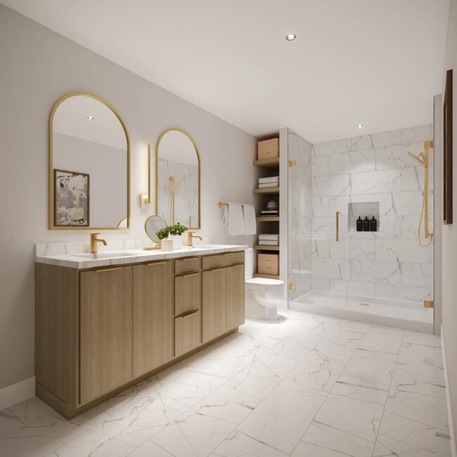 Designer bathrooms with quartz countertops at Modera Nations in Nashville, TN. - Modera Nations