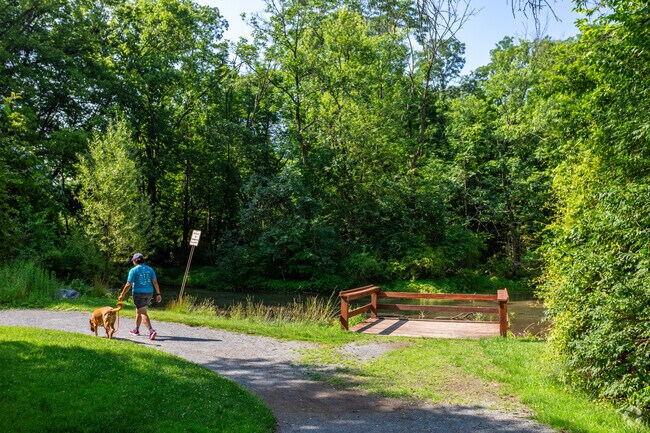 A resident taking their dog for a walking through the trails at Letort Park.