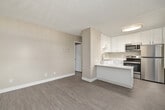 This efficiently designed one-bedroom, one-bathroom residence makes excellent use of its single-floor layout, offering a cohesive and functional living environment with consistent modern finishes throughout. The kitchen is a standout feature, boasting crisp white shaker-style cabinetry, granite-look stone countertops, a stainless steel appliance suite including a refrigerator, electric range, and built-in microwave, and a peninsula that provides additional prep and dining space. Wood-look flooring runs throughout the unit, lending warmth and continuity from room to room. The entry area opens directly to the kitchen, creating an accessible and open feel. The living room receives natural light through a window fitted with vertical blinds, contributing to a bright and airy ambiance. The bedroom is a comfortable, well-proportioned space featuring the same wood-look flooring, neutral warm-toned walls, a textured ceiling, and a window with outdoor views. A dedicated closet provides practical storage. The bathroom is cleanly appointed with a full soaking tub and shower combination, a toilet, and a stone-top vanity. Throughout the residence, neutral beige tones, white trim, and consistent finishes create a cohesive and move-in-ready environment.