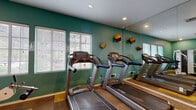 This fitness center is a thoughtfully designed, single-floor workout facility that offers a comprehensive range of equipment to support diverse exercise routines. The space is defined by its bold teal accent walls, which create an energizing atmosphere, complemented by a neutral flooring with yellow geometric accents that adds visual interest underfoot. Recessed lighting and a ceiling fan maintain a well-lit and comfortable environment throughout.

The cardio zone is prominently featured, housing multiple Cybex treadmills and an arc trainer elliptical, all positioned along a full-length wall mirror that visually expands the space. The mirror also helps users maintain proper form during workouts. Natural light filters in through several windows fitted with white blinds, contributing to an open and inviting ambiance.

A dedicated strength training area accommodates a multi-station cable machine, ideal for a wide variety of resistance exercises. An additional corner features a Cybex upright stationary bike, providing a quieter zone for lower-impact cardio work. Decorative wooden cube wall accents add a playful, modern touch to the overall design.

The facility is accessed through a glass-panel French door, and informational postings are conveniently displayed near the entrance. The space is designed to serve active users seeking a functional and motivating environment for their fitness goals.