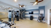 The fitness center at 900 Reisling Lane in West Chester, Pennsylvania, is a well-appointed, single-floor workout facility designed to support a comprehensive exercise routine. The space features a thoughtfully curated selection of strength training and cardio equipment, including a multi-station cable machine, a dedicated weight bench, a dumbbell rack stocked with a full range of free weights, and additional resistance machines to accommodate a variety of fitness goals. A wall-mounted flat-screen television provides entertainment during workouts, adding to the motivating atmosphere. The interior design is both functional and visually engaging, highlighted by a bold striped accent wall in navy blue and white that lends the space a dynamic, energetic character. Full-length mirrored walls along one side enhance the sense of openness and allow for proper form checks during exercise. The durable, light-toned flooring is well-suited for high-traffic fitness use. Dual ceiling fans with integrated lighting ensure comfortable air circulation throughout the room. The overall ambiance is clean, modern, and purpose-driven, making this fitness center a practical and inviting amenity for residents and users of the West Chester community.