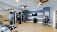 The fitness center at 900 Reisling Lane in West Chester, Pennsylvania, is a well-appointed, single-floor workout facility designed to support a comprehensive exercise routine. The space features a thoughtfully curated selection of strength training and cardio equipment, including a multi-station cable machine, a dedicated weight bench, a dumbbell rack stocked with a full range of free weights, and additional resistance machines to accommodate a variety of fitness goals. A wall-mounted flat-screen television provides entertainment during workouts, adding to the motivating atmosphere. The interior design is both functional and visually engaging, highlighted by a bold striped accent wall in navy blue and white that lends the space a dynamic, energetic character. Full-length mirrored walls along one side enhance the sense of openness and allow for proper form checks during exercise. The durable, light-toned flooring is well-suited for high-traffic fitness use. Dual ceiling fans with integrated lighting ensure comfortable air circulation throughout the room. The overall ambiance is clean, modern, and purpose-driven, making this fitness center a practical and inviting amenity for residents and users of the West Chester community.