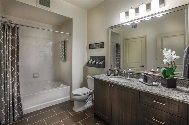 Spa-like bathrooms feature framed mirrors and oversized tubs - The Verdant Apartments