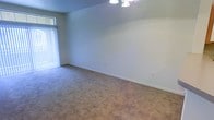 This single-floor space presents a clean, open living area finished with wall-to-wall carpeting in a neutral tone, contributing to a quiet and comfortable atmosphere. The room is characterized by smooth, light-colored walls trimmed with white baseboards, creating a bright and simple aesthetic throughout. A ceiling-mounted light fixture provides overhead illumination, supplementing the natural light that enters through a sliding glass door fitted with vertical blinds along the left wall. The sliding door serves as both a source of daylight and a potential access point to an outdoor area. Electrical outlets are positioned along the walls, offering practical functionality across the space. The overall layout is straightforward and versatile, with no obstructions limiting how the room can be arranged or utilized. The neutral palette and carpeted flooring lend the space a understated, move-in-ready character suitable for a variety of uses.