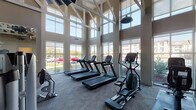 This fitness center is defined by its dramatic architectural design, most notably the soaring cathedral-style ceilings with exposed white structural beams that draw the eye upward and create an expansive, airy atmosphere. Floor-to-ceiling windows line the perimeter, flooding the space with abundant natural light and offering views of the surrounding outdoor area, enhancing the overall sense of openness during workouts.

The cardio zone is prominently featured along the windowed wall, housing a row of treadmills with individual digital consoles alongside an elliptical cross-trainer, all positioned to take advantage of the natural light and outdoor views. Pendant-style light fixtures hang from the lofty ceiling, complementing the natural illumination throughout the space.

A dedicated free weights and functional training area includes a multi-tiered dumbbell rack, medicine balls, resistance accessories, exercise benches, floor mats, and a stationary cycle, accompanied by a wall-mounted television for entertainment. Sliding glass doors in this section provide direct access to an outdoor patio area furnished with seating.

The strength-training section features a selection of Hoist cable and selectorized machines, complemented by large wall mirrors that amplify the sense of space. The fitness center is finished with durable carpet flooring suited for high-traffic use, maintaining both comfort and practicality throughout.