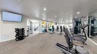 Located at 2130 W Crescent Ave in Anaheim, CA, this fitness center spans a generous single-floor layout divided into two interconnected exercise rooms. The space is designed with a clean, modern aesthetic, featuring neutral-toned carpet tile flooring, crisp white walls, and recessed lighting throughout that creates a bright, energizing atmosphere.

The primary exercise room is expansive and open, offering an impressive array of cardio equipment including treadmills, ellipticals, stationary bikes, and a stair climber. Floor-to-ceiling mirrors line one wall, amplifying the sense of space while allowing users to monitor their form. Natural light filters in through multiple windows, adding to the airy feel of the room. Structural columns are thoughtfully incorporated into the layout without disrupting the flow of the space.

The second exercise room connects seamlessly and features a dedicated strength training zone equipped with cable machines, selectorized weight equipment, and a dumbbell rack. A colorful medicine ball and stability ball storage rack adds a functional focal point to this area. Wall-mounted televisions are positioned throughout both rooms for entertainment during workouts.

Together, the two rooms provide a comprehensive, well-organized fitness facility suited for a wide range of workout routines, from cardio and strength training to functional and flexibility exercises.
