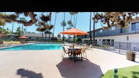 This outdoor communal space centers around a generously sized swimming pool with vivid turquoise water, creating a striking visual focal point. The pool is framed by a spacious concrete deck finished with brick-toned edging, providing plenty of room for lounging and socializing. Multiple sling-style lounge chairs are arranged along the poolside, offering comfortable spots to relax and soak up the sun. Shaded seating areas featuring round tables and chairs beneath vibrant orange market umbrellas are positioned around the deck, providing a comfortable retreat from the sun during warmer hours. Tall, mature palm trees rise dramatically throughout the space, lending a distinctly tropical, resort-like ambiance and dappled natural shade. Additional landscaped greenery and colorful plantings border the perimeter, softening the hardscape and enhancing the overall aesthetic. A secure perimeter fence encloses the pool area, adding a layer of privacy and safety. The surrounding single- and two-story buildings with covered balconies frame the space, contributing to its sheltered, community-oriented feel. Under clear blue skies, the overall atmosphere is bright, open, and inviting, ideal for outdoor recreation and leisure.