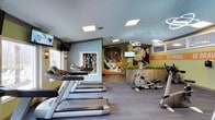 This fitness center offers a well-appointed, single-floor exercise space designed to motivate and energize its users. The facility is outfitted with a suite of modern cardio equipment, including a row of Matrix treadmills and elliptical cross-trainers, providing ample options for a full cardiovascular workout. The space is illuminated by a combination of recessed panel lighting and stylish circular pendant fixtures, creating a bright and inviting atmosphere throughout. Wall-mounted televisions are positioned for easy viewing during workouts, adding convenience for users. The interior design stands out with bold, vibrant wall murals featuring nature-inspired imagery, complemented by painted accent walls in soft blue and green tones. Motivational phrases such as "BE BOLD" are displayed prominently, reinforcing the energetic character of the space. Decorative elements, including live or artificial greenery in woven baskets, add a natural touch that softens the overall aesthetic. The flooring features durable, fitness-appropriate material suited for high-traffic use. A mirrored wall section enhances the sense of spaciousness. Overall, the fitness center strikes a balance between functional exercise infrastructure and a visually stimulating, design-forward environment.