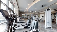 This fitness center offers a comprehensive workout environment designed with both functionality and aesthetics in mind. The space is outfitted with a wide selection of Life Fitness cardio machines, including ellipticals and treadmills arranged in orderly rows, alongside a dedicated strength-training zone featuring cable machines and resistance equipment. The interior is finished with a neutral color palette of warm taupe and gray tones, complemented by a distinctive curved tray ceiling detail that adds architectural interest overhead. Recessed lighting and ceiling fans are integrated throughout, ensuring the space remains well-lit and comfortable during use. Full-length mirrored walls along one side visually expand the room and allow users to monitor their form during workouts. The flooring consists of a patterned, low-pile carpet that provides both durability and comfort underfoot. Natural light filters in through windows along the perimeter, contributing to an open and energizing atmosphere. The overall layout is thoughtfully organized to allow ample circulation between equipment, making the space accessible and practical for a variety of fitness routines.