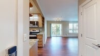 This 560 square foot apartment in the Highlands of Marin offers a blend of comfort and style. The single-floor layout maximizes space efficiency, with a generous 150 square foot primary bedroom. Rich, warm-toned hardwood flooring runs throughout, creating a cohesive and inviting atmosphere. The living area is anchored by an elegant fireplace with a white mantel, perfect for cozy evenings. Large windows allow ample natural light, enhancing the sense of spaciousness. The kitchen boasts modern amenities, including stainless steel appliances, granite countertops, and sleek cabinetry, complemented by a stylish subway tile backsplash. The bathroom features a combined tub and shower with a curved shower rod for added space. Sliding glass doors in the living area lead to an outdoor space, extending the living area and providing a connection to the exterior. With its thoughtful design and quality finishes, this apartment offers a comfortable and contemporary living space in a desirable San Rafael location.