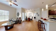 This single-story unit offers a thoughtfully designed layout that maximizes functionality across its comfortable footprint. The open-concept living and dining area serves as the heart of the space, featuring warm hardwood-style flooring, crown molding, and a ceiling fan. Natural light filters in through multiple windows fitted with blinds, and an arched passageway adds an elegant architectural detail connecting the main living areas.

The kitchen is a standout feature, equipped with dark wood cabinetry, light countertops, black appliances, and a central island with pendant lighting and bar seating — ideal for casual dining or entertaining. Track lighting above the dining area provides additional illumination.

The bedroom offers a carpeted, serene retreat with windows overlooking a green outdoor view. It connects to a generously sized walk-in closet outfitted with dual hanging rods and shelving along both walls, providing ample storage.

The bathroom includes dark wood vanity cabinetry, a wide countertop with a single sink, a large mirror, tile flooring, and a shower-tub combination. Two hallways efficiently connect the unit's rooms, contributing to a clean and practical flow throughout the space.