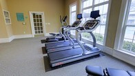 This fitness center offers a clean, well-organized environment designed to support a full cardio workout experience. The room is anchored by a row of commercial-grade Star Trac treadmills and elliptical machines, each equipped with individual digital display screens to track workout metrics and keep users engaged. The equipment is arranged neatly on protective rubber mats set over carpeted flooring, ensuring both safety and stability during use. Large, multi-pane windows line one wall of the space, flooding the room with abundant natural light and offering pleasant views of the surrounding outdoor scenery. The warm, neutral-toned walls complement the bright atmosphere, creating an inviting and energizing environment. White trim and framing details throughout add a crisp, polished finish to the interior. A glass-paneled door provides access to an adjoining area, suggesting additional amenities nearby. The overall layout is thoughtfully arranged to maximize usable floor space while maintaining a comfortable, uncluttered feel. Whether used for a quick morning session or a longer training routine, this fitness center provides the equipment and ambiance to support an active and healthy lifestyle.