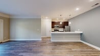 Located at 1127 Solomon Square in Delaware, Ohio, this 2-bedroom, 2-bathroom residence offers a thoughtfully designed single-floor layout with modern finishes throughout. The open-concept living area features wood-look plank flooring, neutral-toned walls, and a set of French doors that invite natural light and provide outdoor access, creating a bright and welcoming atmosphere.

The kitchen is a standout feature, equipped with rich dark-espresso cabinetry, white quartz countertops, and a full suite of stainless steel appliances including a gas range, microwave, and refrigerator. A peninsula with pendant lighting adds both functionality and style, seamlessly connecting the kitchen to the living space.

Both bedrooms are carpeted for comfort and feature ample closet space, including a sliding-door closet. The primary bedroom offers generous proportions and a window with views of the surrounding greenery. Each bathroom includes a full tub-shower combination with built-in shelving, chrome fixtures, and wood-look flooring, with the primary bath featuring dark cabinetry and a quartz vanity countertop.

A hallway connects the main living areas to the bedrooms and bathrooms, providing a functional flow throughout the home. The overall design balances contemporary style with practical livability.