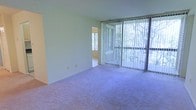This single-floor residence features a spacious, open living area finished with wall-to-wall carpeting in a neutral tone, creating a soft and comfortable underfoot feel throughout the space. The room's most prominent feature is a floor-to-ceiling sliding glass door fitted with vertical blinds, which spans a generous portion of the exterior wall and fills the interior with abundant natural light. Views through the glass reveal mature surrounding greenery, lending the space a serene, nature-connected ambiance. The clean, light-colored walls provide a versatile backdrop, and an adjoining room — visible through an open doorway — benefits from its own window, further enhancing the overall brightness of the unit. The open layout allows for flexible furniture arrangement, making the living area feel both functional and inviting. The combination of natural light, neutral finishes, and outdoor views contributes to a calm, understated atmosphere well-suited for everyday living.