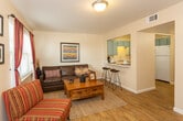 Located at 2100 E Tenth St in Odessa, Texas, this single-floor unit offers a well-organized and functional layout designed for comfortable everyday living. The living room serves as the heart of the space, featuring warm wood-look flooring, a large window that invites natural light, and a cozy atmosphere anchored by a leather sectional sofa and a solid wood coffee table. A pass-through opening connects the living area to the kitchen, complete with bar seating — an ideal setup for casual dining or entertaining. The kitchen is efficiently designed in a U-shaped layout, outfitted with distinctive teal cabinetry, light-toned countertops, a double-basin sink, and white appliances including a refrigerator, range, and dishwasher. The bedroom provides a quiet retreat, featuring the same wood-look flooring and wall space suited for personal décor. The bathroom area includes a dedicated vanity with teal-toned cabinetry, a framed mirror, and light countertops, with access to a closet and separate toilet room for added convenience. Throughout the unit, consistent flooring and a neutral color palette create a cohesive and inviting atmosphere.