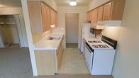 This single-story space features a galley-style kitchen as a central element, designed to maximize efficiency within a narrow, corridor-like footprint. The kitchen is lined on both sides with light natural wood cabinetry, offering generous upper and lower storage throughout. On one side, a single-basin sink is set into a continuous light-colored countertop, providing ample prep space. The opposite wall houses a full suite of white appliances, including a gas range with an overhead range hood and a full-size refrigerator, along with a built-in microwave. The flooring throughout the kitchen consists of light-toned vinyl tile, which complements the warm wood tones of the cabinetry and contributes to the overall bright, neutral palette. Overhead flush-mount lighting ensures the space is well-illuminated. At the far end of the kitchen, a doorway opens into an adjoining room, suggesting a connected and functional floor plan. The overall ambiance is clean, straightforward, and practical, with a cohesive design that emphasizes utility and ease of movement throughout the space.