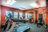 This fitness center in West Memphis, Arkansas, is a single-floor facility designed to support a well-rounded workout experience. The space is immediately distinguished by its bold, energizing orange walls, which create a vibrant and motivating atmosphere throughout. Durable carpet flooring covers the workout area, providing both comfort and stability underfoot.

Natural light fills the room through multiple white-framed windows fitted with horizontal blinds, offering views of the surrounding exterior while keeping the space bright and airy. Overhead fluorescent lighting supplements the natural light, ensuring the facility remains well-lit at all times. A wall-mounted flat-screen television is positioned prominently for entertainment during workouts.

A large wall mirror expands the visual sense of space and allows users to monitor their form. The cardio equipment selection includes treadmills, an elliptical trainer, a stationary recumbent bike, and a Concept2 rowing machine. For strength training, the facility features a Fray Fitness cable machine with an accompanying weight bench, as well as a rack of dumbbells in varying weights. The entrance area includes a clearly marked exit door with exterior access. Overall, the fitness center offers a compact yet comprehensive environment suited for both cardiovascular and strength-based training.