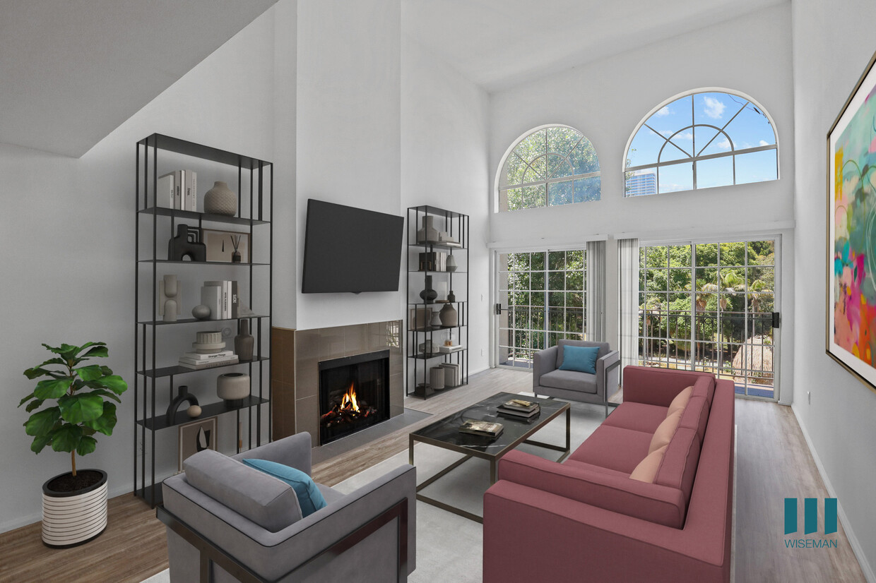 Living Room with Fireplace, Vinyl Flooring, and Large-Size Windows - Rose Flower by Wiseman