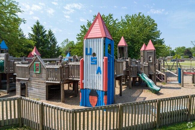 Community Park playground is like a castle with a space rocket in Flat Rock, MI.