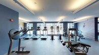 Located at 1024 S Vandeventer Ave in St. Louis, MO, this fitness center is a comprehensively equipped single-floor facility designed to support a wide range of workout routines. The space is characterized by bold navy blue accent walls, light gray ceilings, and recessed linear lighting that creates a bright, energizing atmosphere throughout.

The cardio zone is positioned along a wall of large floor-to-ceiling windows, allowing natural light to flood the space while providing exterior views. This section houses multiple Life Fitness treadmills and elliptical machines, each equipped with individual monitor screens for entertainment during workouts.

The strength training area features a robust selection of free weights, including multiple dumbbell racks with a wide range of weights, barbells, and adjustable benches. A dedicated functional training zone along one wall includes TRX suspension trainers, medicine balls, stability balls, a ladder rack, and resistance tools, catering to varied training modalities.

Additional cardio and strength machines, including cable systems and weight machines, are arranged throughout the open floor plan, ensuring ample space between equipment. Full-length mirrors along one wall enhance the sense of space and allow for form monitoring. The facility is accessed through double glass doors and maintains a clean, modern aesthetic with durable rubber and speckle flooring throughout.