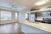 This well-appointed 2-bedroom, 2-bathroom residence in Madison, Wisconsin offers a thoughtfully designed single-floor layout with modern finishes throughout. The welcoming entrance opens into a bright, open-concept living, dining, and kitchen area bathed in natural light from large windows that frame views of the surrounding neighborhood. Light hardwood flooring flows seamlessly across the entire space, enhancing its clean, contemporary feel.

The kitchen serves as the centerpiece of the main living area, anchored by a generous island with a granite countertop, undermount sink, and pendant lighting. Dark espresso cabinetry, a subway tile backsplash, and stainless steel appliances — including a refrigerator, range, and microwave — complete the polished look. The living area features a ceiling fan and access to an outdoor balcony through sliding glass doors.

The primary bedroom is spacious and bright, with multiple windows and a tray ceiling detail. The bathrooms echo the kitchen's refined aesthetic, with granite vanity tops, dark cabinetry, and large mirrors. The second bedroom is comfortably sized with a double closet. Additional features include four closets, an in-unit laundry area, and a dedicated entrance, providing exceptional functionality for everyday living.