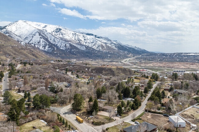 A yellow school bus drives in a neighborhood in Outer Southern Weber County.