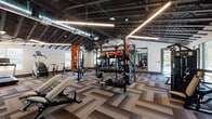 Located at 8801 Hidden River Pkwy in Tampa, FL, this fitness center offers a comprehensive, single-floor workout facility designed to accommodate a wide range of training styles and fitness goals. The space features an industrial-inspired aesthetic, with exposed dark structural beams and trusses overhead, visible ductwork, and sleek linear pendant lighting that illuminates the entire floor plan with a modern, energetic ambiance.

The facility is organized into distinct functional zones. A dedicated free weights and functional training area houses a multi-station power rack, medicine balls, dumbbells, kettlebells, and suspension training systems with resistance bands. An adjacent strength training section includes cable machines and selectorized equipment, complemented by floor-to-ceiling mirrors that enhance the sense of space.

A separate cardio zone features treadmills, stair climbers, ellipticals, and rowing machines, all positioned near large windows that invite natural light and offer views of the surrounding greenery. A striking city map mural serves as a bold focal point on one wall, adding a local identity to the space.

Throughout, the herringbone-patterned carpet tile flooring provides both visual texture and comfort underfoot. The generous ceiling height and open layout create an airy, motivating environment well-suited for both individual and group training sessions.