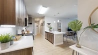 Located at 1900 SW 13th St in Gainesville, FL, this single-floor, 5-bedroom, 5-bathroom unit offers a thoughtfully designed layout ideal for shared or family living. The open-concept kitchen and living area serves as the heart of the space, featuring wood-look plank flooring, a central island with a white quartz countertop and built-in sink, dark walnut-toned cabinetry, and a full suite of stainless steel appliances including a range, microwave, and refrigerator. Pendant lighting and recessed fixtures illuminate the space, while a textured ceiling adds architectural character. The living area flows naturally from the kitchen, providing a comfortable communal space. Each of the five bedrooms offers soft carpeting, neutral-toned walls, and natural light from well-placed windows, creating a calm and restful atmosphere. The five bathrooms are consistently appointed with dark wood vanities, white quartz counters, wood-look tile flooring, and tub-shower combinations with curtained enclosures. A dedicated hallway connects all rooms efficiently, while a closet and in-unit laundry room—equipped with a full-size Whirlpool washer and dryer—add everyday convenience. The overall design presents a clean, modern aesthetic throughout.