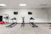 Located at Summer Place in Huntsville, Alabama, this fitness center offers a comprehensive and well-organized exercise space designed to support a full range of workout routines. The room features a drop-panel ceiling with recessed skylights that flood the space with natural light, complemented by neutral-toned walls and durable patterned carpet flooring throughout.

The cardio zone is anchored by multiple treadmills and an elliptical cross-trainer, each positioned for easy use and accompanied by wall-mounted flat-screen televisions for entertainment during workouts. A full-length mirror wall runs along one side of the room, visually expanding the space and allowing users to monitor their form. Natural light also enters through horizontal windows that frame views of the surrounding greenery outside.

Strength training is well supported by a multi-station cable machine, a dedicated dumbbell rack with a varied selection of free weights, and additional resistance equipment. Stability and flexibility accessories, including exercise balls, round out the available equipment. A dedicated stretch and mat area provides space for warm-up and cool-down routines.

Glass doors open directly to an outdoor area, enhancing ventilation and connectivity to the exterior. Fitness center rules are posted near the entrance, ensuring a respectful and safe environment for all users. Overall, this fitness center delivers a clean, functional, and well-lit facility for residents.
