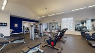 Located at 484 Greenmont Dr in Lewis Center, Ohio, this fitness center is a comprehensive, single-floor facility designed to support a wide range of workout routines. The space features soaring vaulted ceilings that lend an open, airy feel, further enhanced by an abundance of natural light streaming through large, white-trimmed windows fitted with horizontal blinds. The flooring throughout is durable rubber gym matting, ideal for both heavy equipment and high-impact activities.

The cardio zone is well-appointed with treadmills, upright stationary bikes, and cycling bikes, all positioned near windows that offer outdoor views of the surrounding community. Wall-mounted flat-screen televisions are positioned throughout for entertainment during workouts. The strength training area features a robust selection of Life Fitness cable and weight machines, along with flat and adjustable benches. A dedicated free weights section includes a full rack of dumbbells, a stability ball, and foam rollers.

Full-length mirrors line key walls, maximizing visibility and making the space feel even more expansive. A bold navy blue accent wall adds a dynamic visual element to the design. Glass doors connect the fitness center to an adjacent community room, providing a seamless transition between amenity spaces. A water dispenser station is also conveniently available within the facility.