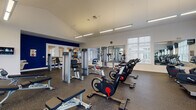 Located at 484 Greenmont Dr in Lewis Center, Ohio, this fitness center is a comprehensive, single-floor facility designed to support a wide range of workout routines. The space features soaring vaulted ceilings that lend an open, airy feel, further enhanced by an abundance of natural light streaming through large, white-trimmed windows fitted with horizontal blinds. The flooring throughout is durable rubber gym matting, ideal for both heavy equipment and high-impact activities.

The cardio zone is well-appointed with treadmills, upright stationary bikes, and cycling bikes, all positioned near windows that offer outdoor views of the surrounding community. Wall-mounted flat-screen televisions are positioned throughout for entertainment during workouts. The strength training area features a robust selection of Life Fitness cable and weight machines, along with flat and adjustable benches. A dedicated free weights section includes a full rack of dumbbells, a stability ball, and foam rollers.

Full-length mirrors line key walls, maximizing visibility and making the space feel even more expansive. A bold navy blue accent wall adds a dynamic visual element to the design. Glass doors connect the fitness center to an adjacent community room, providing a seamless transition between amenity spaces. A water dispenser station is also conveniently available within the facility.