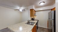 This single-floor residence is thoughtfully laid out to maximize comfort and functionality. The open-concept living area features plush wall-to-wall carpeting and a ceiling fan, creating a comfortable and airy atmosphere. The space flows seamlessly into the kitchen, which is anchored by a peninsula with light granite-style countertops, a stainless steel sink, and ample warm-toned wood cabinetry. The kitchen is equipped with black appliances, including an electric range with an overhead vent, a stainless steel refrigerator, and a dishwasher, all set atop wood-look vinyl flooring that adds a clean, modern contrast to the living areas. A hallway connects the kitchen to the bathroom, which features warm-toned wood vanity cabinetry, a white countertop, a mirrored medicine cabinet, and a full tub and shower enclosure. The bedrooms are generously sized, each with soft carpeting, neutral walls, and windows fitted with blinds that allow for natural light. Textured ceilings are consistent throughout the unit, adding a classic residential character. The overall layout, as visible in the 3D floor plan, offers a practical and well-connected flow between all living spaces.