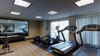 This single-level fitness center offers a practical and well-organized workout space designed to accommodate a range of cardio-focused exercise needs. The room features a selection of modern equipment, including treadmills, elliptical trainers, and a rowing machine, all arranged to maximize the available floor area. The machines are positioned on protective dark rubber matting, which contrasts with the patterned carpeted flooring surrounding it. Natural light enters through vertical-blind-covered windows along one wall, lending a bright, open feel to the space. The ceiling features a drop-tile grid with recessed fluorescent panel lighting, providing consistent, even illumination throughout. A large wall-mounted mirror along one side of the room visually expands the space and allows users to monitor their form during workouts. The neutral wall tones and understated décor keep the environment clean and functional. Overall, the space presents a straightforward, no-frills fitness facility suited for general cardiovascular training.