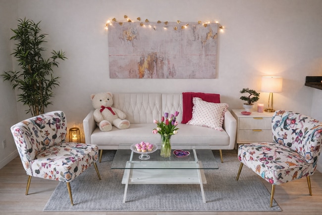 Cozy living room with comfortable seating. Decor available on demand. - 4401 Kraft Ave