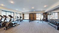 This modern fitness center offers a spacious, single-floor layout designed to accommodate a comprehensive range of workout activities. The facility is thoughtfully organized into distinct functional zones, providing ample room for both cardio and strength training exercises without overcrowding.

The cardio area features multiple treadmills, elliptical machines, and stationary bikes, positioned alongside large floor-to-ceiling windows that invite natural light and offer outdoor views, creating an open and energizing atmosphere. Mounted televisions are available for entertainment during workouts.

The strength training zone is well-appointed with a power rack, cable machine, adjustable benches, and a dedicated free-weight area stocked with a full set of dumbbells. Warm-toned accent walls with wood paneling complement the neutral carpet flooring throughout, contributing to a clean and contemporary aesthetic.

Additional amenities include a water fountain station, storage for fitness accessories such as stability balls, and a dedicated entry area. Recessed ceiling lighting ensures consistent illumination across the entire space. The interior design balances functionality with a polished, modern finish, making this fitness center a well-rounded facility suited for a variety of fitness routines and training styles.