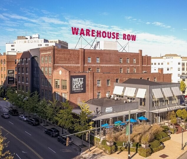 The historic Warehouse Row is a mixed-use area with shops, restaurants, and lofts