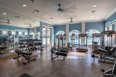 Located at 13120 Day St in Moreno Valley, CA, this single-floor fitness center is thoughtfully designed to provide a well-rounded workout experience. The space is immediately distinguished by its bold teal walls accented with horizontal wood-toned stripes, giving the interior a dynamic and energizing aesthetic. Crown molding and crisp white trim add a polished architectural contrast to the vivid color palette.

The facility is equipped with a comprehensive selection of Life Fitness machines, including treadmills, ellipticals, a stationary spin bike, cable and resistance machines, and free weight benches, offering options for both cardio and strength training. The flooring transitions between warm hardwood and durable tile, zoning the space effectively for different workout types.

Overhead, large-blade ceiling fans ensure consistent airflow throughout the room, complementing the recessed lighting that keeps the space bright and well-lit. Arched windows and glass double doors face outward toward what appears to be a pool area, flooding the interior with natural light and providing an inviting outdoor view. Mirrors are strategically placed to enhance the sense of openness. The overall ambiance is clean, vibrant, and functionally organized, making this fitness center a well-appointed amenity for its community.