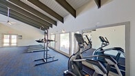 Located at 3903 Barrington St in San Antonio, Texas, this single-floor fitness center is designed to provide a bright, open, and well-equipped workout environment. The space is immediately distinguished by its soaring vaulted ceilings adorned with bold exposed beams, creating an airy and energizing atmosphere throughout.

Large windows line the walls, flooding the interior with abundant natural light and offering views of the surrounding greenery — an inviting backdrop for any workout. The patterned blue-toned carpeted flooring adds a modern, dynamic aesthetic across the exercise areas.

The cardio zone is well-appointed with multiple treadmills and elliptical machines, all positioned to face the windows, allowing users to enjoy outdoor views during their sessions. A wall-mounted television provides additional entertainment. Strength training is also well represented, with a cable and pulley multi-station unit and a free-standing pull-up and dip rack available for users.

Full-length mirrors are strategically placed along the walls to expand the sense of space and assist with form during workouts. A staircase visible in one area suggests access to additional utility or mechanical spaces. The facility also features a ceiling fan in the open area, ensuring comfortable air circulation. Overall, the fitness center offers a spacious, light-filled, and functional setting suited for a comprehensive exercise routine.
